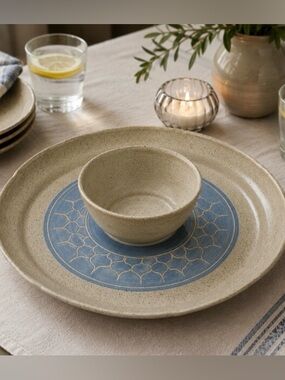 VTG Studio Pottery Chip & Dip Platter Blue Geometric Gray Speckled Signed 1984